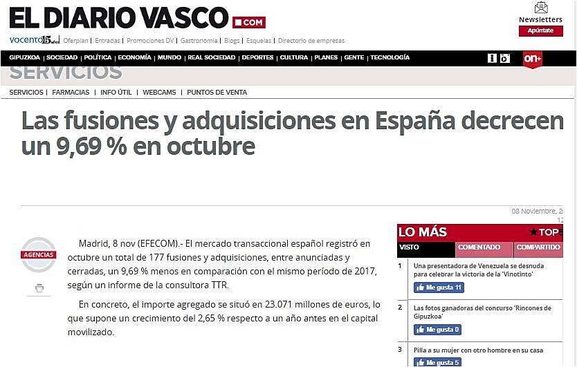 Las fusiones y adquisiciones en Espaa decrecen un 9,69 % en octubre
